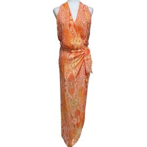 ANALILI Orange Snakeprint High Slit Sleeveless V Neck Vacation Beach Dress XS